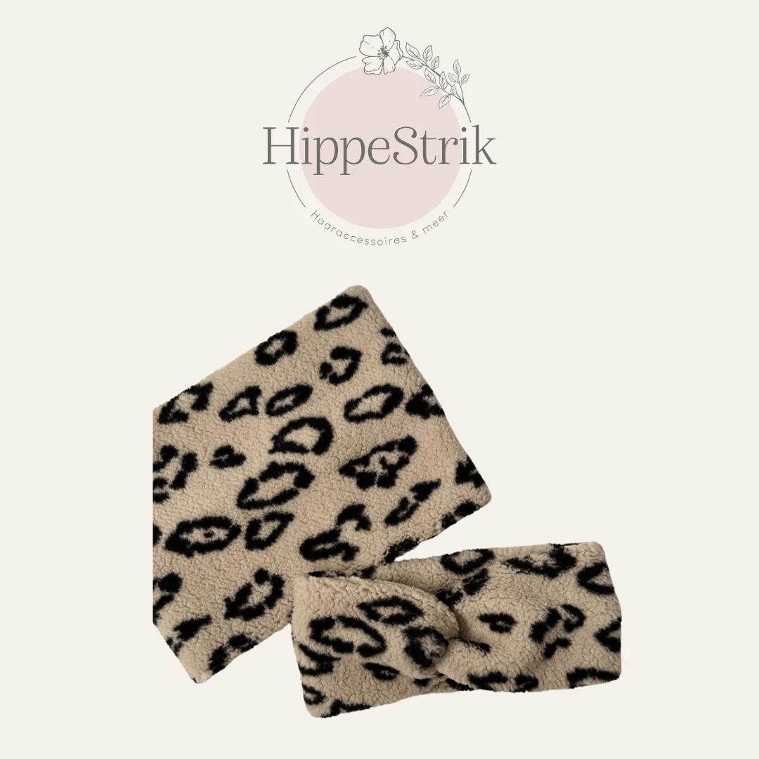 Combiset teddy haarband & colsjaal beige leopard - midi